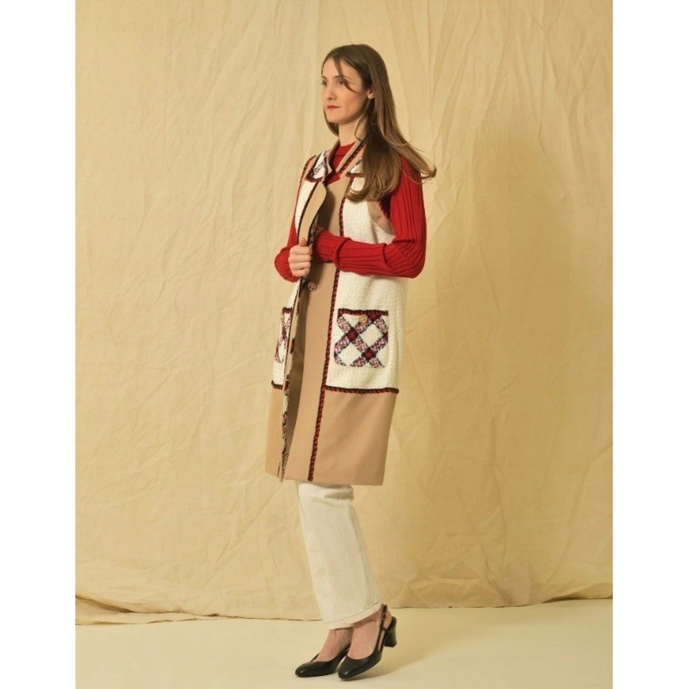 Edward Achour Paris Tweed Vest Jacket Women US 6 / FR 38 Tan Check Sleeveless